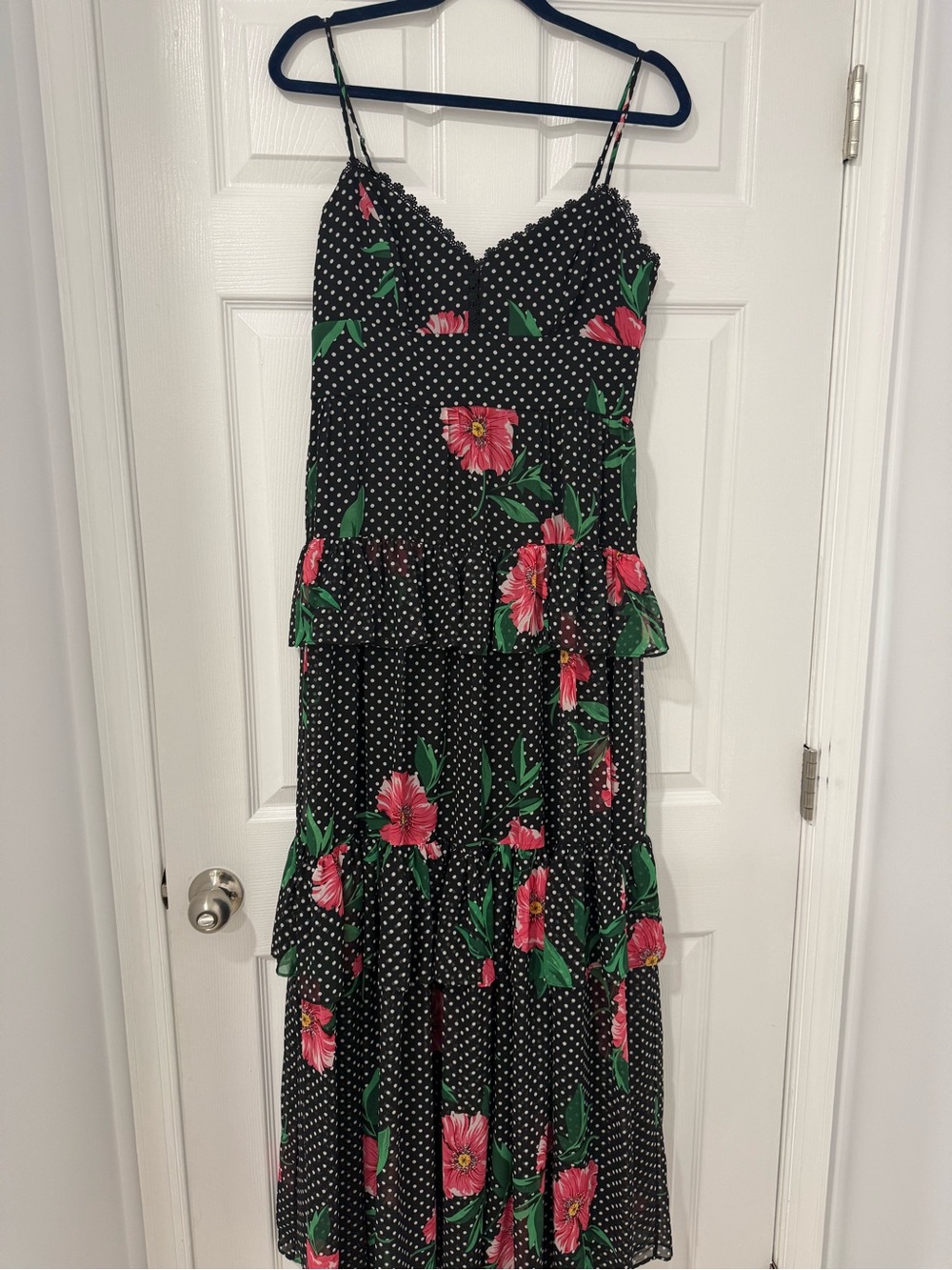 BCBG Black polka dot and pink floral tiered  maxi dress Size 8.